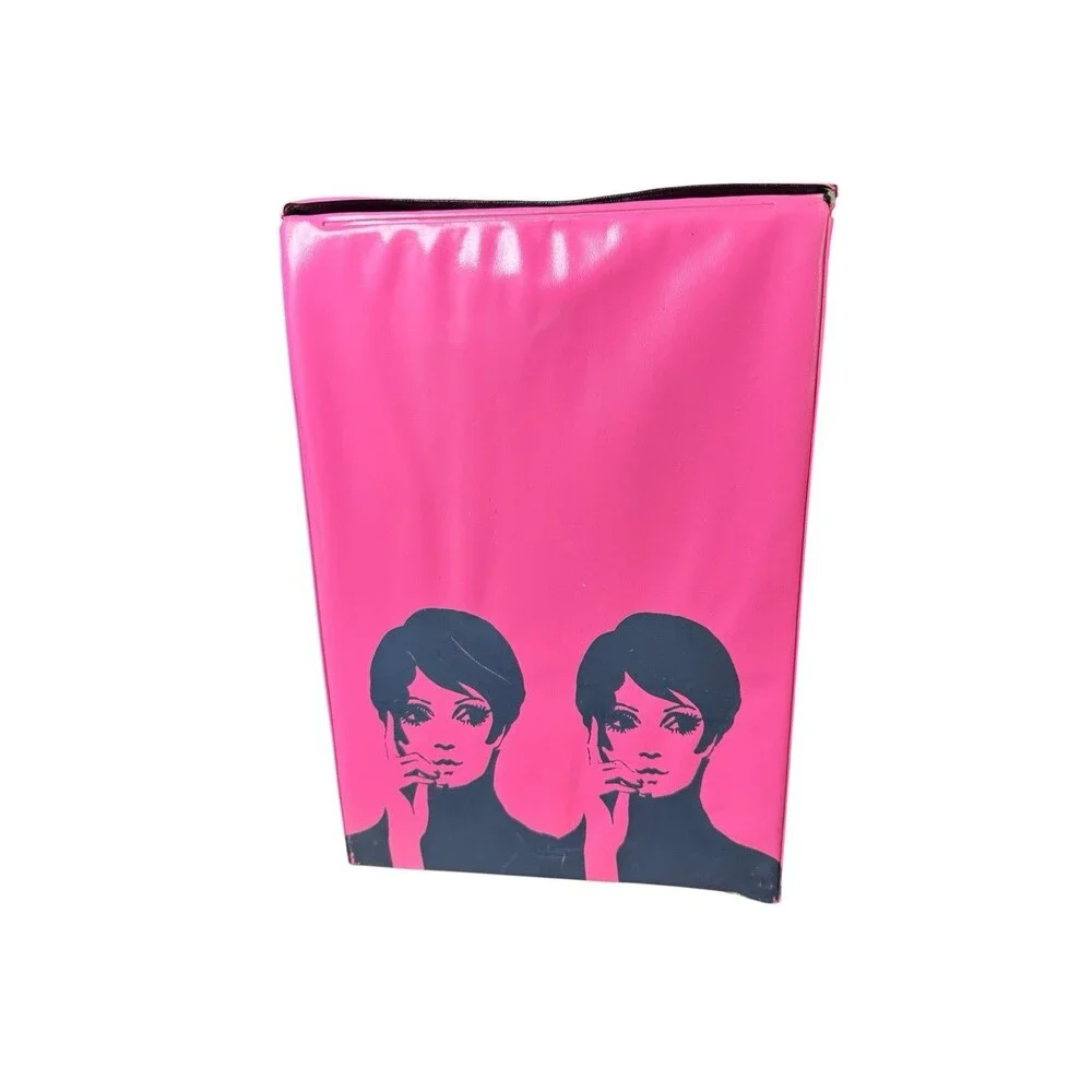 Vintage 1960s Mod Wig Storage Box Pink Woman Design Vinyl Carry Case Wig Stand